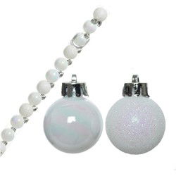 Decoris Mini kerstballen - 14x st - parelmoer wit - D3 cm - kunststof - Kerstbal