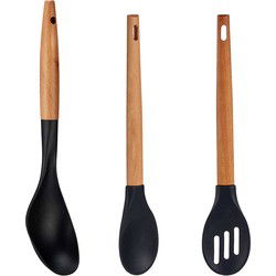 kook/keuken gerei - set van 3x stuks - zwart - hout/kunststof - keuken/kook accessoires - Soeplepels