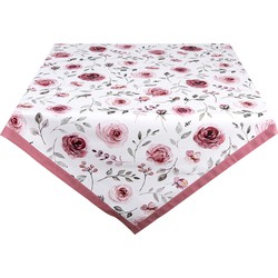 Clayre & Eef Tafelkleed  100x100 cm Wit Roze Katoen Vierkant Rozen Tafellaken