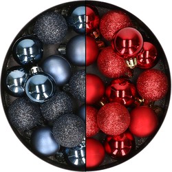 28x stuks kleine kunststof kerstballen donkerblauw en bordeaux rood 3 cm - Kerstbal