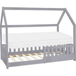 Kinderbed met uitvalbeveiliging lattenbodem en dak 80x160 cm Lichtgrijs grenenhout ML-Design