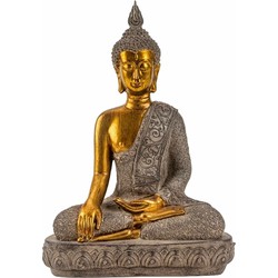 Boeddha beeldje zittend - binnen/buiten - kunststeen - betongrijs/goud - 27 x 39 cm - Beeldjes