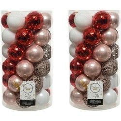 74x stuks kunststof kerstballen lichtroze(blush)/rood/wit 6 cm mat/glans/glitter - Kerstbal