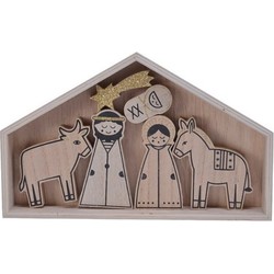 Decoris Kinder kerststal - 32,5 x 20 x 3 cm - met 6 kerststal figuren - triplex wood - Kerststallen