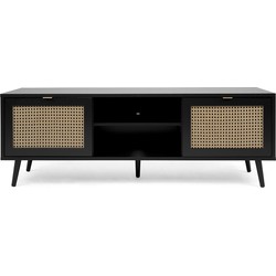 TV-meubel met 2 deuren, 2 neerklapbare fronten, rotanprint en zwart - Villa - L150 x H52 x D40 cm