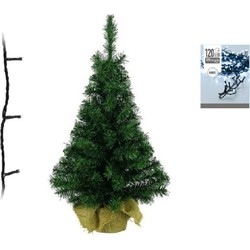 Groene kunst kerstboom 90 cm inclusief helder witte kerstverlichting - Kunstkerstboom