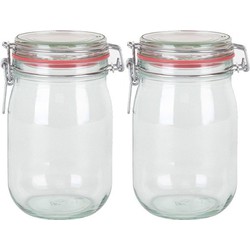 2x Glazen confituren pot/weckpot 1000 ml/1 liter met beugelsluiting en rubberen ring - Weckpotten