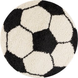 Tapijtenloods Fun Voetbal Kinderkamer Rond Vloerkleed Hoogpolig Zwart Wit- 100 CM ROND