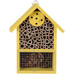 Insectenhotel huisje - geel - 20 cm - dennenhout - hotel insecten - Insectenhotel