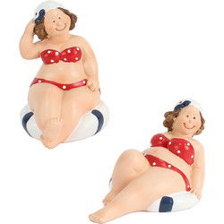 Woonkamer decoratie beeldjes set van 2 dikke dames - rood badpak - 10 cm - Beeldjes
