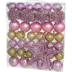Gerimport Kerstballen - met ster piek - 57-delig - roze/goud - kunststof - Kerstbal