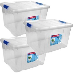 3x Opbergboxen/opbergdozen met deksel 25 liter kunststof transparant/blauw - Opbergbox