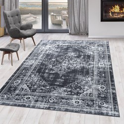 Fiesta Wasbaar Vloerkleed - Laagpolig - Oosters Design - Zwart Grijs - Woonkamer Tapijt - Canvas Rug- 80x150 CM