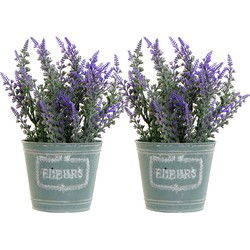 Items Lavendel bloemen kunstplant in bloempot - 2x - paarse bloemen - 14 x 27 cm - bloemstuk - Kunstplanten