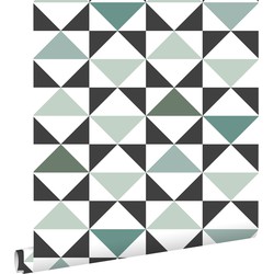 ESTAhome behang grafische driehoeken wit, zwart, mintgroen en vergrijsd zeegroen - 0,53 x 10,05 m - 139096