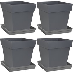 Set van 4x stuks bloempotten Toscane vierkant kunststof antraciet grijs 32 x 32 x 32 cm inclusief on - Plantenpotten