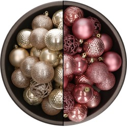 74x stuks kunststof kerstballen mix van champagne en velvet roze 6 cm - Kerstbal