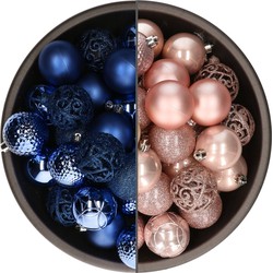74x stuks kunststof kerstballen mix van kobalt blauw en lichtroze 6 cm - Kerstbal