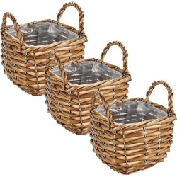 Set van 6x stuks bloempotten/plantenbakken riet/rotan mand met handvaten vierkant 15 x 15 x 14 cm - Plantenbakken