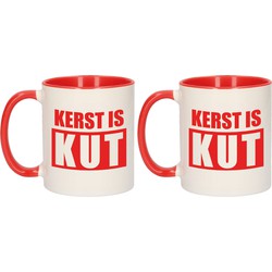 Set van 2x stuks kerst is kut cadeau mokken/bekers rood met rode letters Kerstmis 300 ml - Bekers