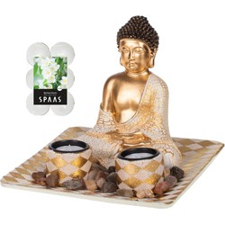 Boeddha beeld voor binnen 21 cm met 12x geurkaarsen Spiritual Jasmin - Beeldjes