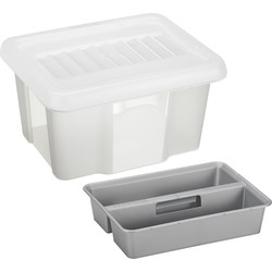 Sunware 2x opslagbox kunststof 24 liter transparant 42 x 33 x 22 cm met deksel en organiser tray - Opbergbox