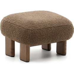 Kave Home - Cabana voetenbankje in taupe bouclé en poten van massief essenhout in noten afwerking 65x5