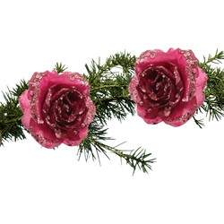 2x stuks kerstboom decoratie bloemen framboos roze glitter op clip 14 cm - Kersthangers