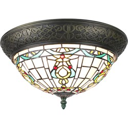 LumiLamp Plafondlamp Tiffany  Ø 38 cm Beige Groen Kunststof Glas Rond Plafonniere