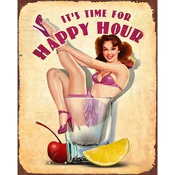 Clayre & Eef Tekstbord  20x25 cm Beige Roze Ijzer Rechthoek It's time for Happy Hour Wandbord