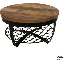 Benoa Desert Iron Round Coffee Table Wooden top & Iron Shelf at base 65 cm Iron Stand Black Finish & Wood Natural Finish