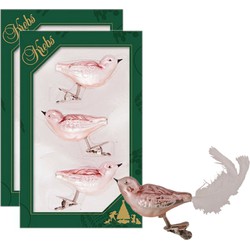 6x stuks luxe glazen decoratie vogels op clip velvet roze 11 cm - Kersthangers