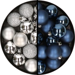 36x stuks kunststof kerstballen zilver en donkerblauw 3 en 4 cm - Kerstbal