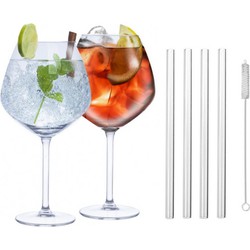 Set van 4x Gin Tonic cocktailglazen met 4x glazen rietjes - Cocktailglazen