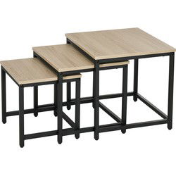 HOMCOM Set van 3 bijzettafels, industrieel ontwerp, zwart stalen frame, tafelblad met houteffect