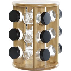 Bamboe houten kruidenrek/specerijenrek met 12 glazen potten 18 x 18 x 25 cm - Kruidenrekken