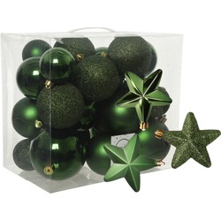 Pakket 32x stuks kunststof kerstballen en sterren ornamenten donkergroen - Kerstbal