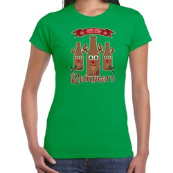 Bellatio Decorations fout kersttrui t-shirt dames - Rudolf Reinbeers - groen - rendier/bier L - kerst t-shirts