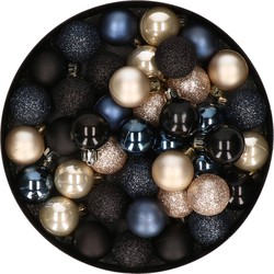 42x stuks kunststof kerstballen donkerblauw, champagne en zwart mix 3 cm - Kerstbal