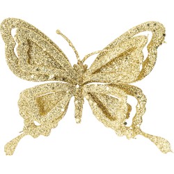 1x stuks decoratie vlinders op clip glitter goud 14 cm - Kersthangers