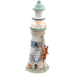 Vuurtoren beeldje met LED licht - Hout - 10 x 30 cm - wit/blauw - Maritieme woon decoraties - Beeldjes