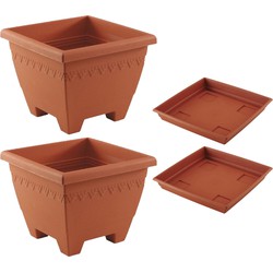 Plantenbak en opvangschotel set - 2x - vierkant - kunststof - 35 x 35 x 28 cm - bloempot - Plantenbakken