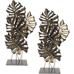 MISOU Ornament op Voet - voor Binnen - op Standaard - 2 stuks - Decoratie Monstera - Goud - 57cm - Metaal