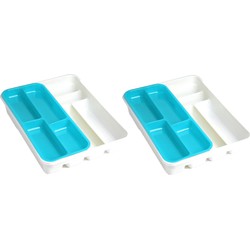 2x stuks witte bestekbak inzetbakken met blauw oplegbakje kunststof L40 x B30 cm - Bestekbakken
