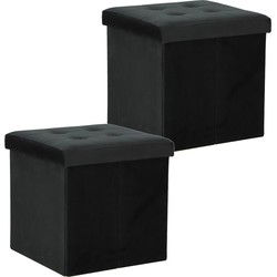H&S Collection Poef/hocker/krukje - 2x - opbergbox - zwart - fluweel polyester - 38 x 38 cm - Poefs