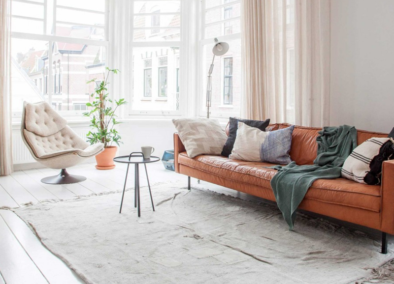 Shop the look: cognac-coloured sofa in a white interior