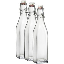Bormioli Rocco beugelfles/weckfles - 3x - 1 liter - glas - vierkant - water/olie/azijn/sapjes - Weckpotten