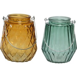 Set van 2x stuks theelichthouders/waxinelichthouders glas cognac en zeegroen 11 x 13 cm - Waxinelichtjeshouders