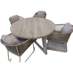 Tuinset Dylan tafel Linen, teak dia. 140 cm met 4 stoelen Bara stoel salix, rope salix, flax beige AW