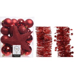 Kerstversiering kerstballen 5-6-8 cm met ster piek en folieslingers pakket rood van 35x stuks - Kerstbal